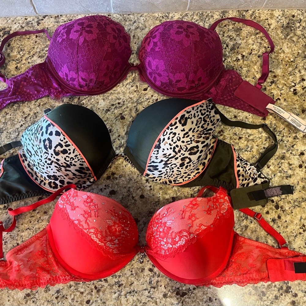 Victoria's Secret Floral Lace and Animal Print Bra Trio - Purple, Red, Gr-Animal